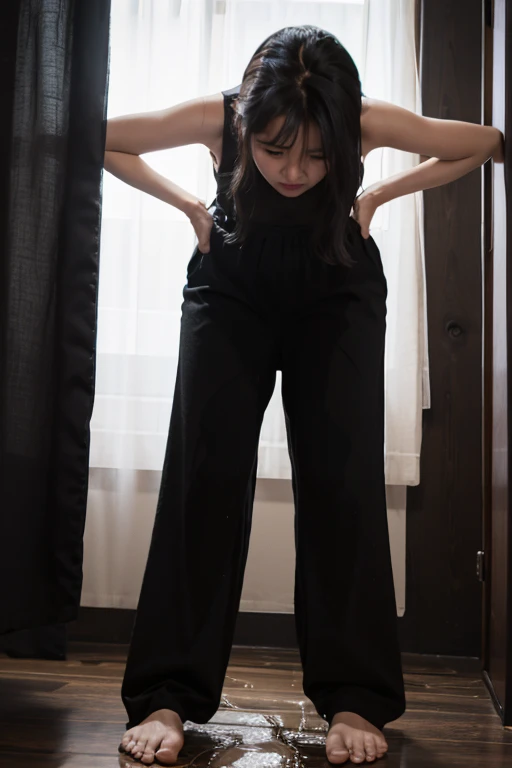 Malay Girl sees the ghost and pees her black palazzo pants until her pants are wet in fright.