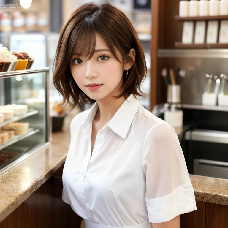 super high quality, Fashion Model, short hair, thin, The staff is working at the counter in the back.., (8k、RAW Photos、highest quality、masterpiece:1.2), Japanese Idols, Serious expression, Shaggy, Brown Hair, Stylish cafe, Fashion magazine shooting, (Realistic、Realistic:1.37), Beautiful Face , Mesh Hair, Normal chest, Urban Cafe, Golden Ratio, A gentle gaze, Spring Clothes, Beautiful Hairstyles, White shirt, Dress neatly, 

