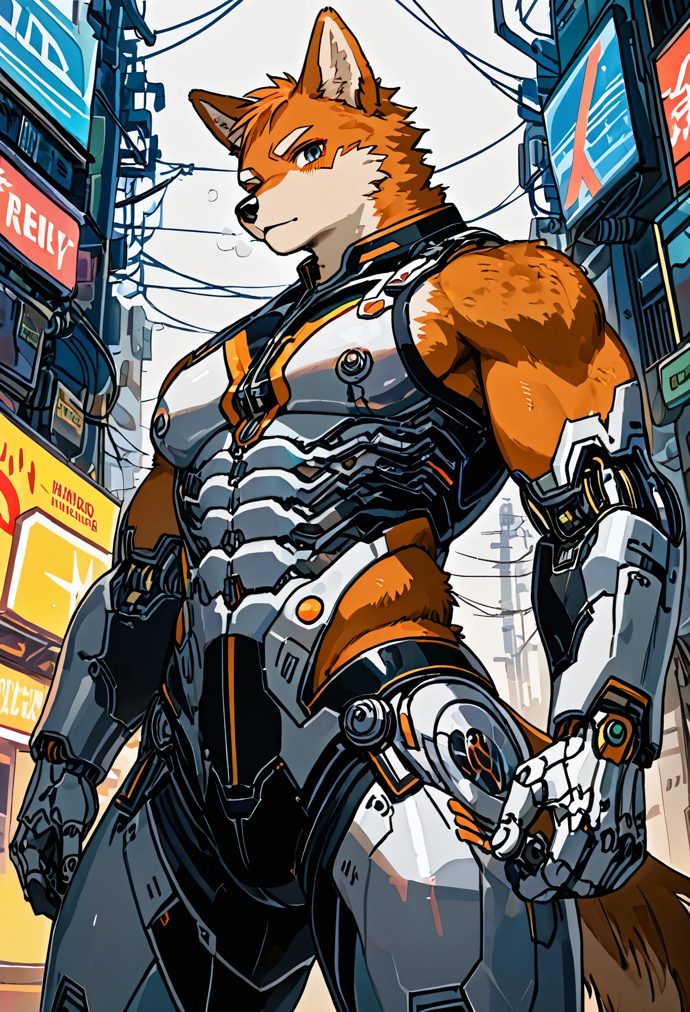 cover page, highres, top quality, best quality, paid reward available, unparalleled masterpiece, perfect artwork, absurdres, High-quality illustrations by Johannes Vermeer, Dark_Fantasy, Cyberpunk, steam punk(super handsome boy, single, kemono)Mechanical marvel, Robotic presence, Cybernetic guardian, wearing a worn-out mech suit, intricate(steel metal, rusty)(furry anthro:1.7)(Furry body, dog facial features, dog body features)elegant, clear focus, shot by greg rutkowski, soft lighting, vibrant colors, masterpiece((street))cowboy shot, dynamic angle,