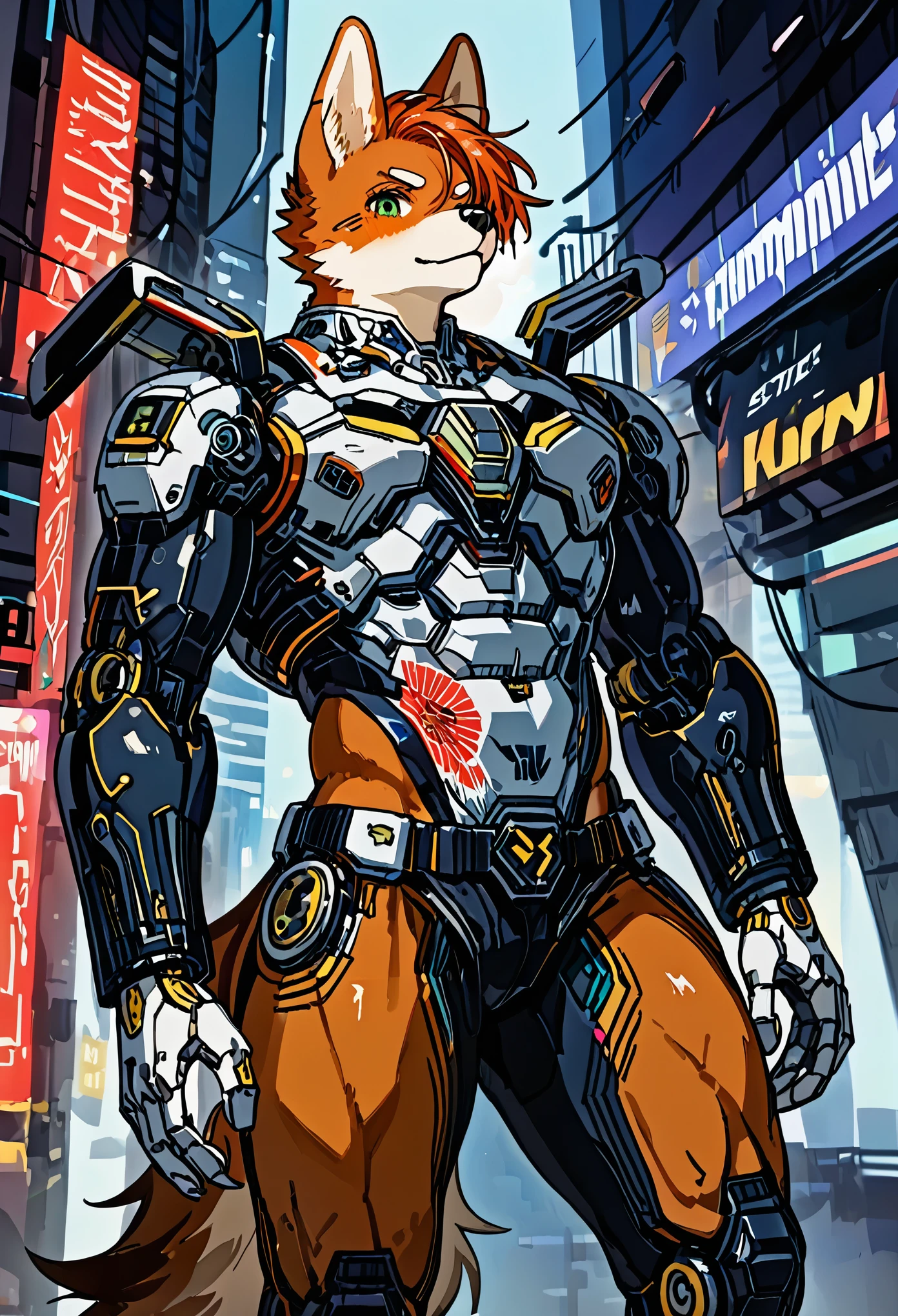 cover page, highres, top quality, best quality, paid reward available, unparalleled masterpiece, perfect artwork, absurdres, High-quality illustrations by Johannes Vermeer, Dark_Fantasy, Cyberpunk, steam punk(super handsome boy, single, kemono)Mechanical marvel, Robotic presence, Cybernetic guardian, wearing a worn-out mech suit, intricate(steel metal, rusty)(furry anthro:1.7)(Furry body, dog facial features, dog body features)elegant, clear focus, shot by greg rutkowski, soft lighting, vibrant colors, masterpiece((street))cowboy shot, dynamic angle,