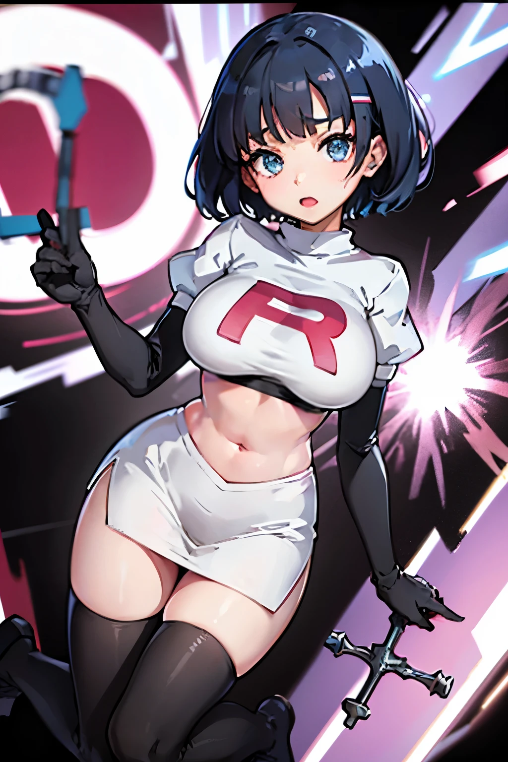 Erica、Pokémon、Black Hair、Short Hair、Large Breasts、Jail、One girl、((White thigh-high socks))、(Long gloves)、(first round)、(Chained)、((Crucified on the examination table))、(Being restrained)、Leg spread、(Team Rocket)、