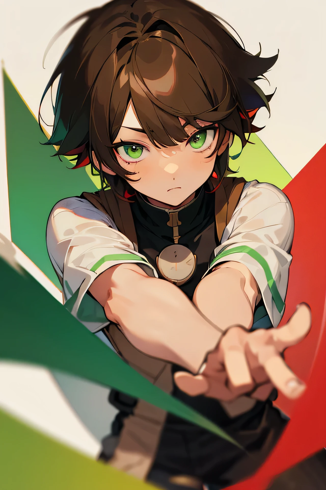 anime boy. brown straight short boy hair. straight bangs. light green eyes. eyes are ombré. half green half red. red at bottom of eyes.