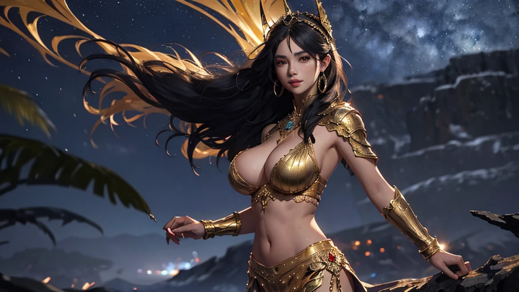 A woman in a golden transparent dress,View Viewer,(((Huge breasts, University of Kili))),Slim waist,(Navel exposed,Bare waist), long hair, extreme detailed details,High-end real station, Heavy rain scene, Detailed fantasy art, Stunning character art, Beautiful and exquisite character art, Beautiful gold and silver armor, Very detailed, girl in shining armor, Exquisite headpieces and jewellery,crystal jewelry filigree, Galaxy, Stunning visuals, (Dynamic Stripes, light track:1.2), Vibrant colors,