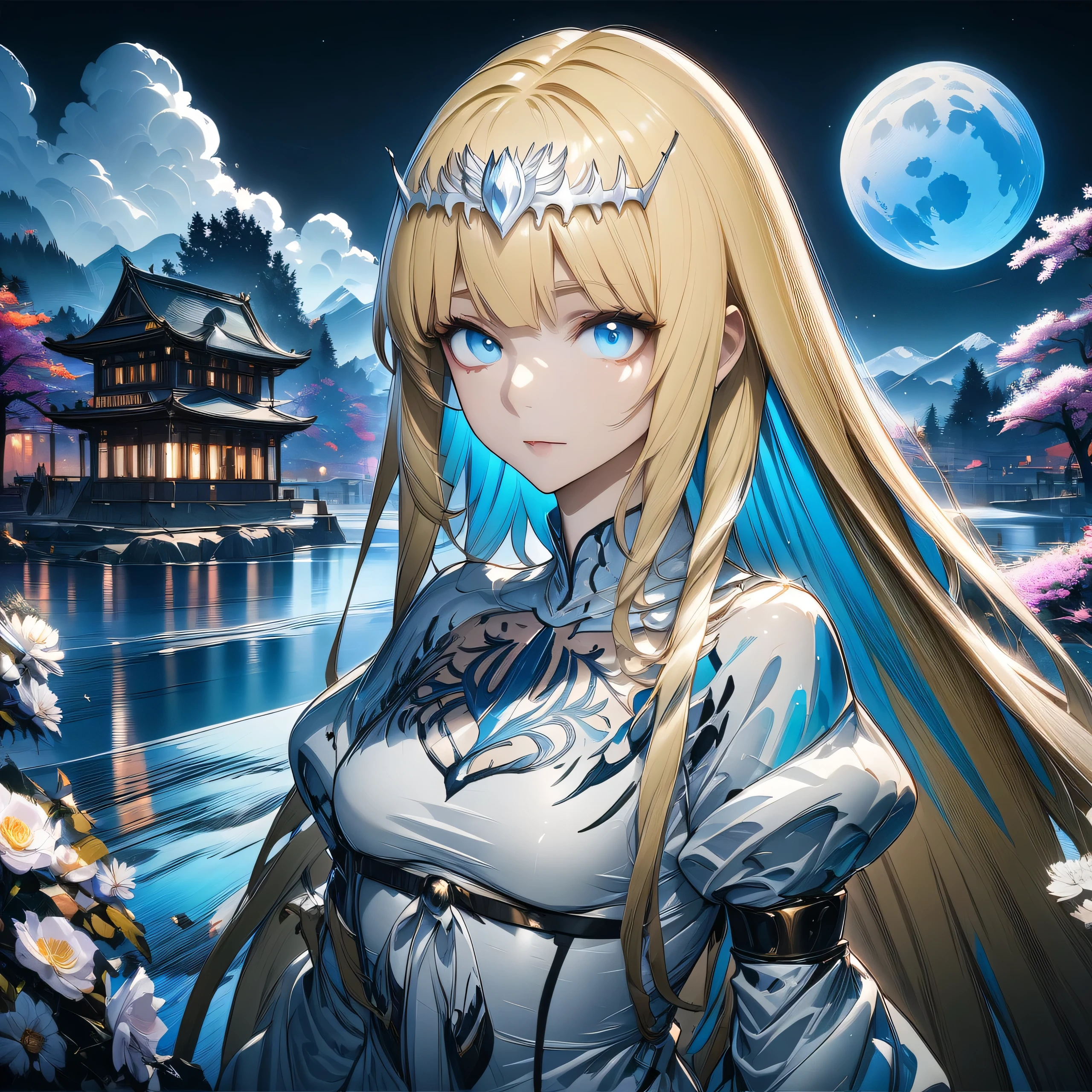 32k, best quality, ultra high res, HDR, UHD, extremely detailed CG, unity 32k wallpaper, **Japanese anime, A picture that looks like it was drawn with Copics,crystal style, crystal clear, under the blue moon, it was meticulously written, picture with elaborate writing, Flower, bold and strong line drawing, vivid acrylic painting, vivid thick paint, vivid, plain background, beautiful proof, highest resolution 16K, Beautiful light cyan highlights in her beautiful kind eyes, colorful,honeydew and diamond, lightcyan and white and light Effects,wallpaper,architecture,High quality, high image quality, great amount of drawing,pixiv illustration, transparency, Japanese anime,upper body,white tone, delicate brushwork,distinct color, 1girl, solo, Calca, Calca Bessarez, blonde hair, (extremely long hair:1.3), very long hair, white tiara, white dress, blue eyes, medium chest