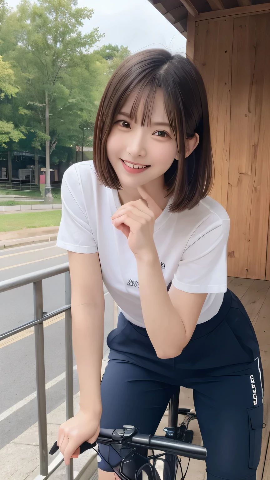 top-quality,fullbody shot,,super high resolution,(Realistic:1.4),Raw photography, Jersey,

generally,Girl pushing a bicycle at camp,cargo pants , Adventure Clothing , 8K, (RAW Photos: 1.2), (realism: 1.4), (Tabletop: 1.3), (Exquisite detail: 1.2), Delicate and beautiful details, (Eye details), (Facial details), (highest quality) :1.4), (Super Resolution: 1.2), Cinematic light, (Highly detailed illustration), (eyelash, highest quality, Super Resolution, Depth of written boundary, Wide Light, Natural Shadows,random cute pose, shy smile  , Raise your arms