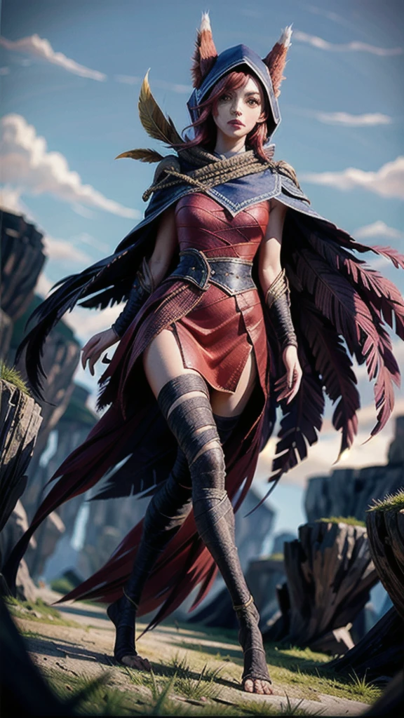 grass, sky, field, league of legends, 1 girl, animal ears, bandage legs, long legs, bandage, bandage, bird's legs, bird skull, cape, shut up, ears through headdress, eyes visible through hair, facial markings, feathers, hood, hooded cape, long hair, yellow eyes, red hair, armour, blue shawl, shawl, shawl, shawl, shawl long hair, hooded shawl, red dress, dress, nose ring, nostrils