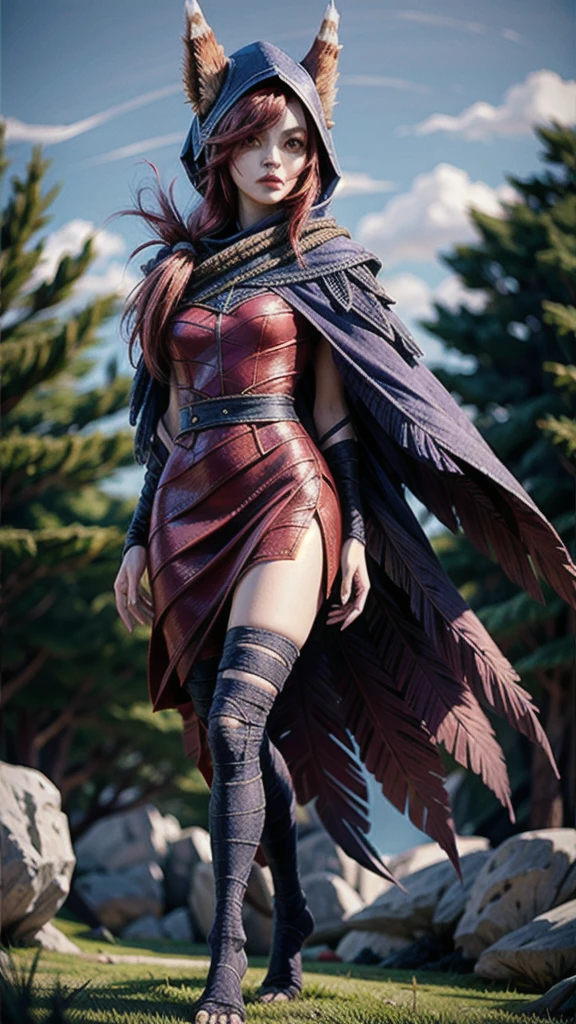 grass, sky, field, league of legends, 1 girl, animal ears, bandage legs, long legs, bandage, bandage, bird's legs, bird skull, cape, shut up, ears through headdress, eyes visible through hair, facial markings, feathers, hood, hooded cape, long hair, yellow eyes, red hair, armour, blue shawl, shawl, shawl, shawl, shawl long hair, hooded shawl, red dress, dress, nose ring, nostrils