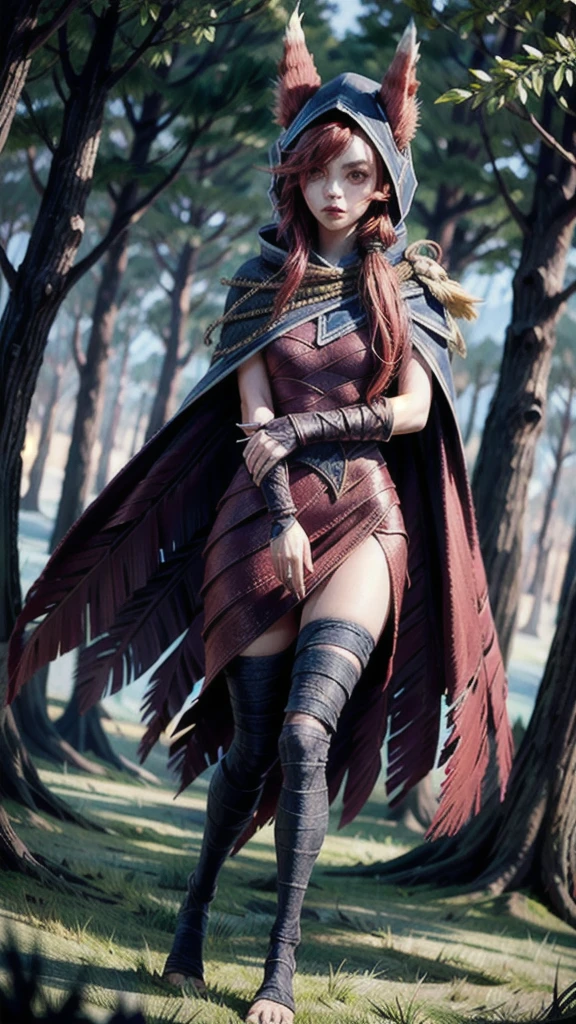 grass, sky, field, league of legends, 1 girl, animal ears, bandage legs, long legs, bandage, bandage, bird's legs, bird skull, cape, shut up, ears through headdress, eyes visible through hair, facial markings, feathers, hood, hooded cape, long hair, yellow eyes, red hair, armour, blue shawl, shawl, shawl, shawl, shawl long hair, hooded shawl, red dress, dress, nose ring, nostrils