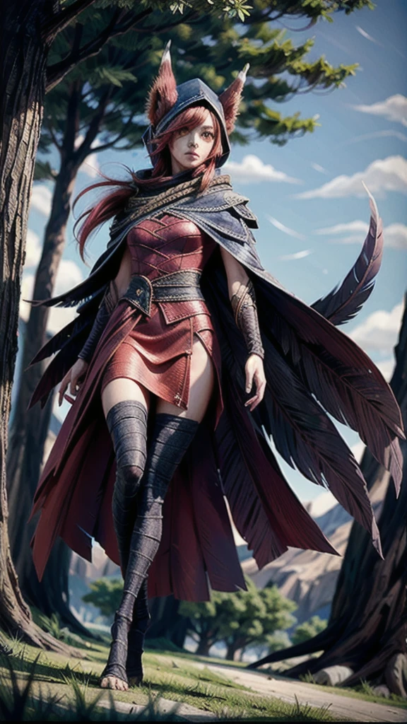 grass, sky, field, league of legends, 1 girl, animal ears, bandage legs, long legs, bandage, bandage, bird's legs, bird skull, cape, shut up, ears through headdress, eyes visible through hair, facial markings, feathers, hood, hooded cape, long hair, yellow eyes, red hair, armour, blue shawl, shawl, shawl, shawl, shawl long hair, hooded shawl, red dress, dress, nose ring, nostrils
