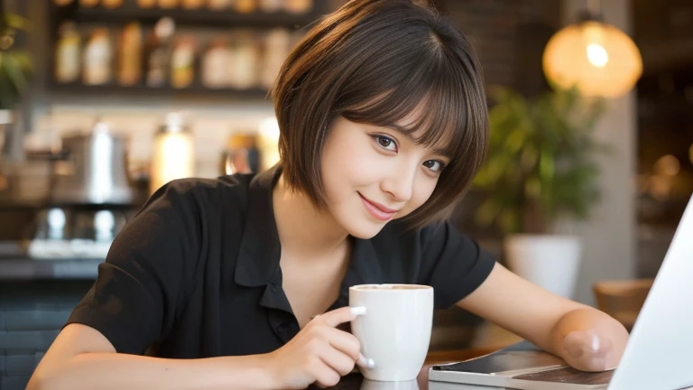 ((最high quality, 8k, masterpiece: 1.3)), Perfect Face,Inside a stylish New York cafe、A scene in which a beautiful model-like woman with big breasts is drinking a latte and studying on a laptop.,Everything around you, I can see other customers having fun.。Inside the cafe、The staff are busy working at the counter..、You can feel the energy and warmth of an urban cafe..., Sharp focus, 1 girl, Sexy 1.2, Brown Hair, With bangs, (Layered Short Hair), (big: 1.5), Fine Eyes, Beautiful eyes with slits, double eyelid, (Cat face), (cute Face), cute Smile, (Shut your mouth.), (cute), Soft Skin, Show your whole body, Surreal, Very detailed, high quality, (Beautiful female college student with short hair studying in a cafe), ((詳細な非常にcute女子大生), ((big胸 It can be seen even through clothes)),Staring at her boyfriend