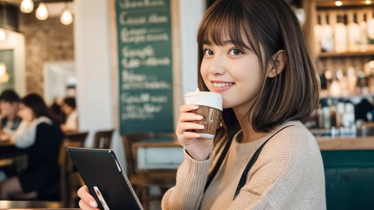 ((最high quality, 8k, masterpiece: 1.3)), Perfect Face,Inside a stylish New York cafe、A scene in which a beautiful model-like woman with big breasts is drinking a latte and studying on a laptop.,Everything around you, I can see other customers having fun.。Inside the cafe、The staff are busy working at the counter..、You can feel the energy and warmth of an urban cafe..., Sharp focus, 1 girl, Sexy 1.2, Brown Hair, With bangs, (Layered Short Hair), (big: 1.5), Fine Eyes, Beautiful eyes with slits, double eyelid, (Cat face), (cute Face), cute Smile, (Shut your mouth.), (cute), Soft Skin, Show your whole body, Surreal, Very detailed, high quality, (Beautiful female college student with short hair studying in a cafe), ((詳細な非常にcute女子大生), ((big胸 It can be seen even through clothes)),Staring at her boyfriend