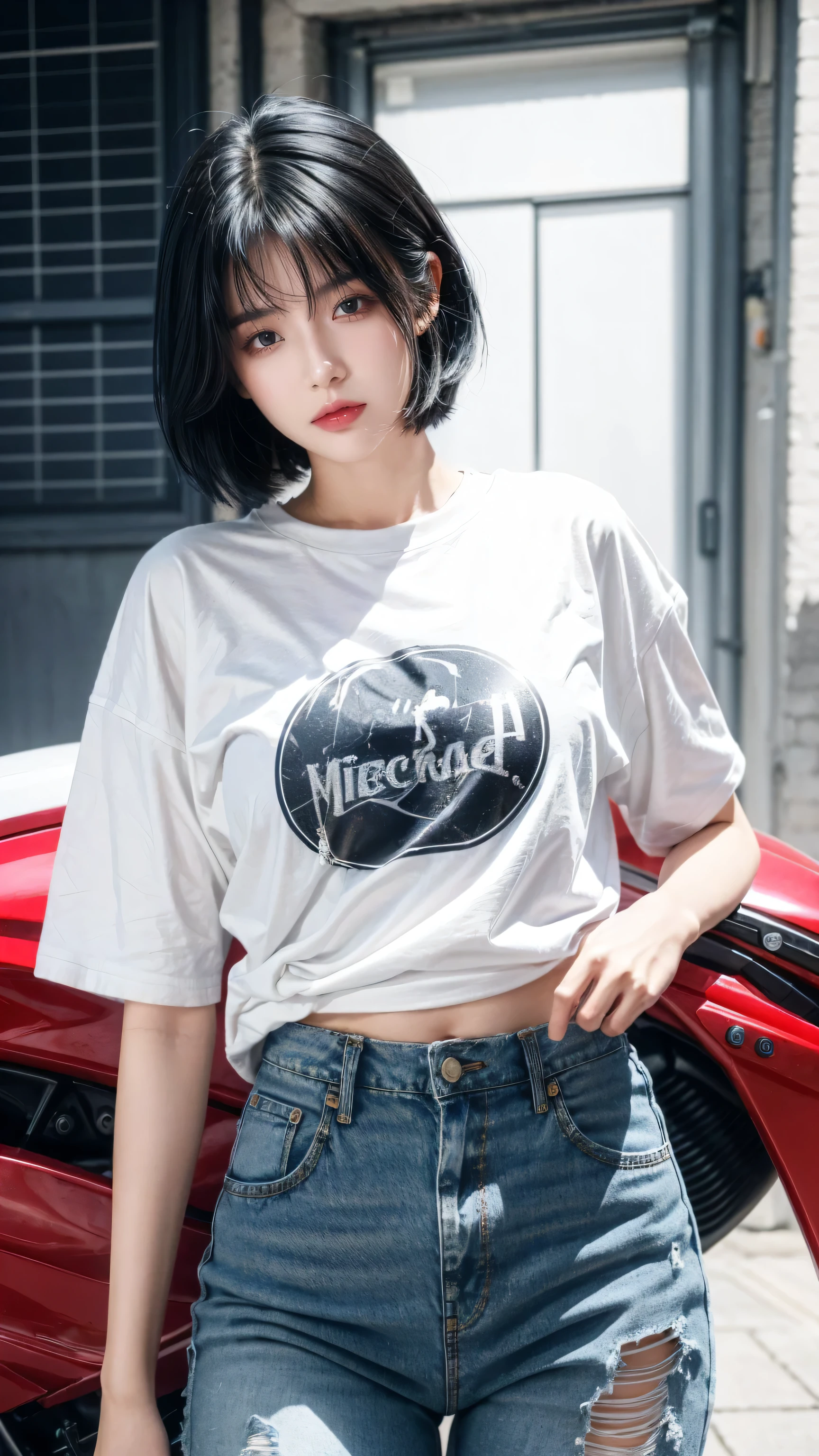 best quality, 1 Girl, dark blue hair, black eyes, Very short hair, Spiky hair, white oversize t-shirt, High waist short jeans, 171 cm, Messy hair, Hair between the eyes, Medium breasts, full, Tomboy, aldult, 20 years old, 1 Girl near red motorcycle