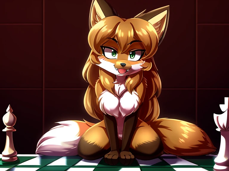 Nervous smiling, uploaded the e621, beautiful and detailed, woman (((female))) ((anthro)) Fox, (Averi, Fox girl), cinematic lighting, Fox, (anthro, fluffy fur), 1girl, anthro fox girl, body fur, curvy, sexy, nice, cute, hot, comfortable anime-style cartoon-style, digital drawing, SFW, flat chest, green eyes, sassy, smug, fangs, first person view, chess, chess board, chess piece in hand, wearing top hat, magic wand in hand, sitting across from viewer, heart