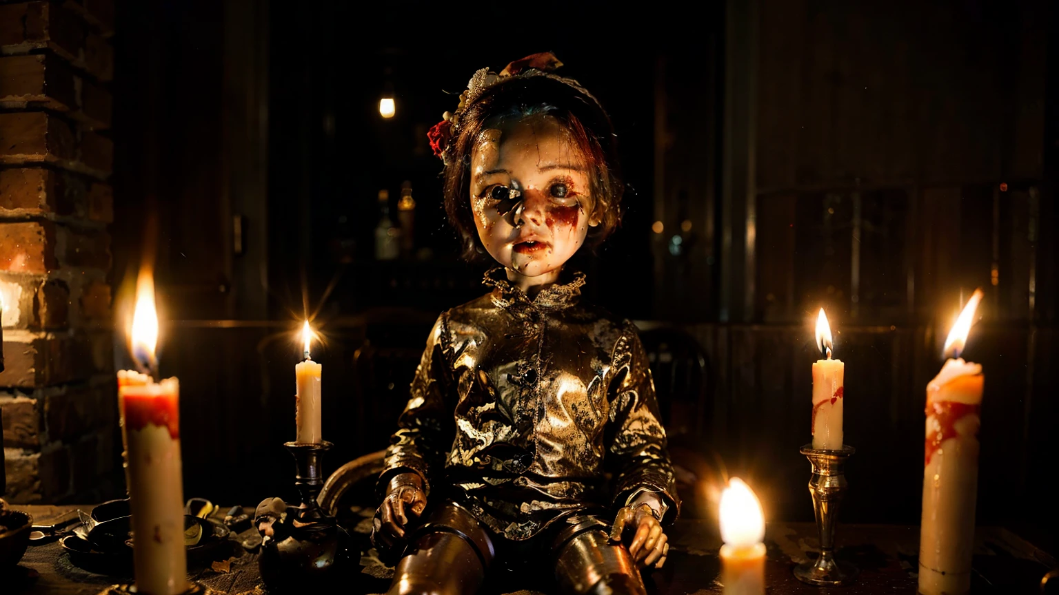 Creepy, disturbing antique doll, filled with red liquid on top, amidst many lit candles.
