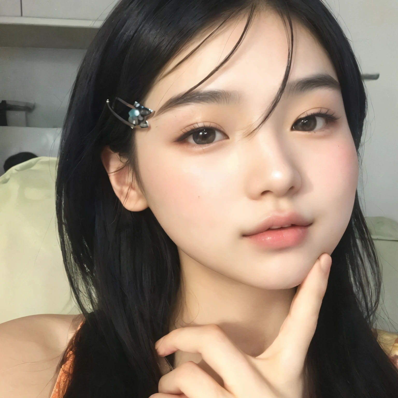 there is a woman with a barrette on her head posing for a photo, young cute wan Asian face, garota cara fofa, small heart-shaped face, Korean facial features, thin, pale lips, young lovely korean face, sakimichan, clear, high-quality lips, lindo rosto de garotas japonesas, small lips, nariz pontudo, Asian face, adorable and pale korean face