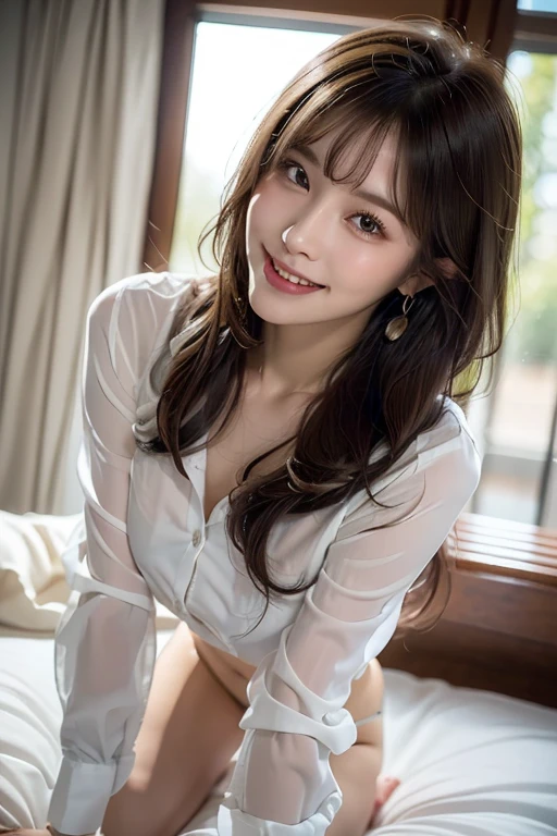 (masterpiece:1.3), High resolution, Super detailed, Highly detailed CG Unity 8k wallpaper, Realistic, photo-Realistic, RAW Photos, Beautifully detailed face, Pale skin, Realistic glistening skin, Detailed cloth texture, Detailed hair texture, Perfect body, Beautiful Face, Accurate, Anatomically correct, Highly detailed face and skin texture, Natural neck length, (Beautiful Hands), (Fair skin:1.2), Thin legs, Thin legs,
break,
Fine grain, Symmetrical eyes, Light brown eyes, double eyelid, Thin eyebrows, (Glossy lips:1.4), (Smiling Kindly:1.2),
break,
(Classy and cute girl:1.3), (Wearing a white big button shirt:1.3), (See through:1.3), (Sexy panties:1.2),
(Medium large breasts, Slim figure, Toned Abs, Firm breasts:1.1), Beautiful clavicle,
(Dark blonde hair, Wavy Hair, Long Hair:1.2), ((Asymmetrical bangs:1.2)),
break,
((Crawling on all fours on a luxury bed:1.3)),
(Japanese modern bedroom), (Cowboy Shot:1.2), View Viewer, (From below:1.3),