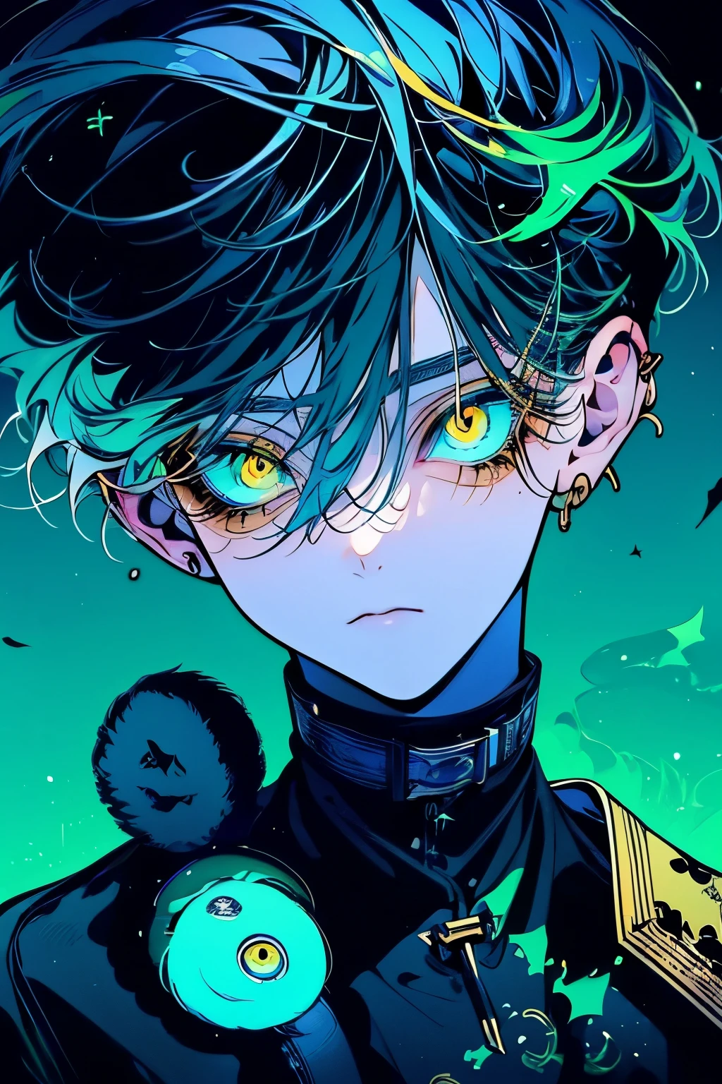 (Tabletop), (highest quality), Very detailed, Boy and cat、Focus Only, Perfect Face, Beautiful Face, Very detailed顔，(Blonde:1.3)，(Glowing golden eyes:1.4)，Black clothes，(Long eyelashes:1.4) 

A beautiful 18-year-old boy and  cat with Blue hair, looking at the viewer, Extremely beautiful face, rich details, waist shot, portrait, upper body of the character, flat illustration, minimalism, made in adobe illustrator, by Aka Outwork style, solid Bluegreen background without impurities