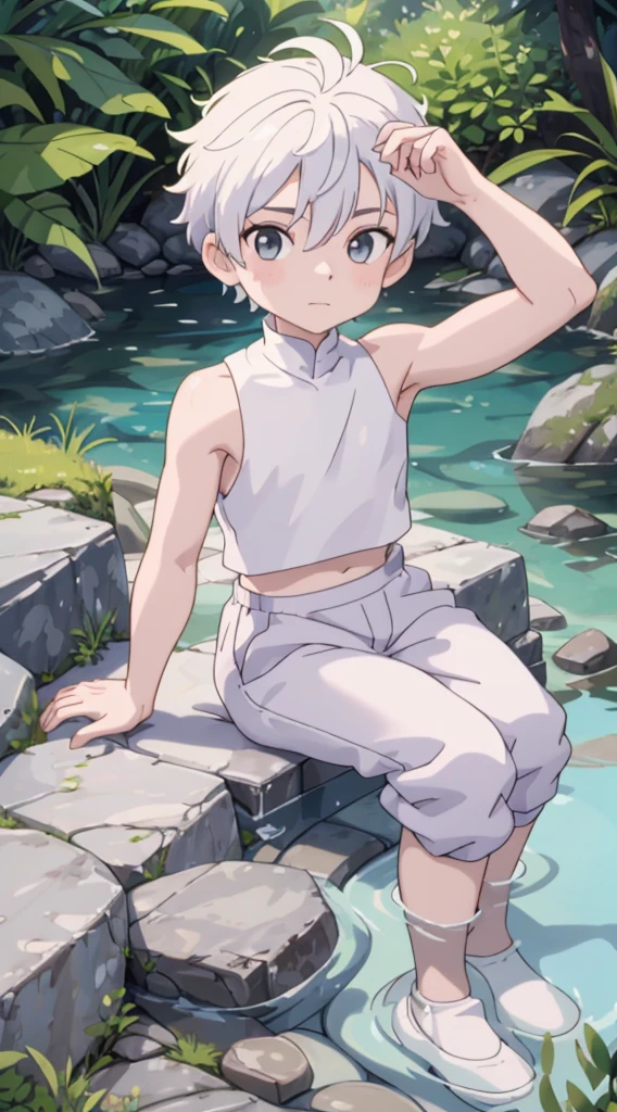 10-year-old boy，(showing armpit:1.3),  white hair, grey eyes summer prince clothes, sitting in water，Stones and water splashed on him, vests，shorter pants，small stream，best qualtiy，8K, 4k, uhd