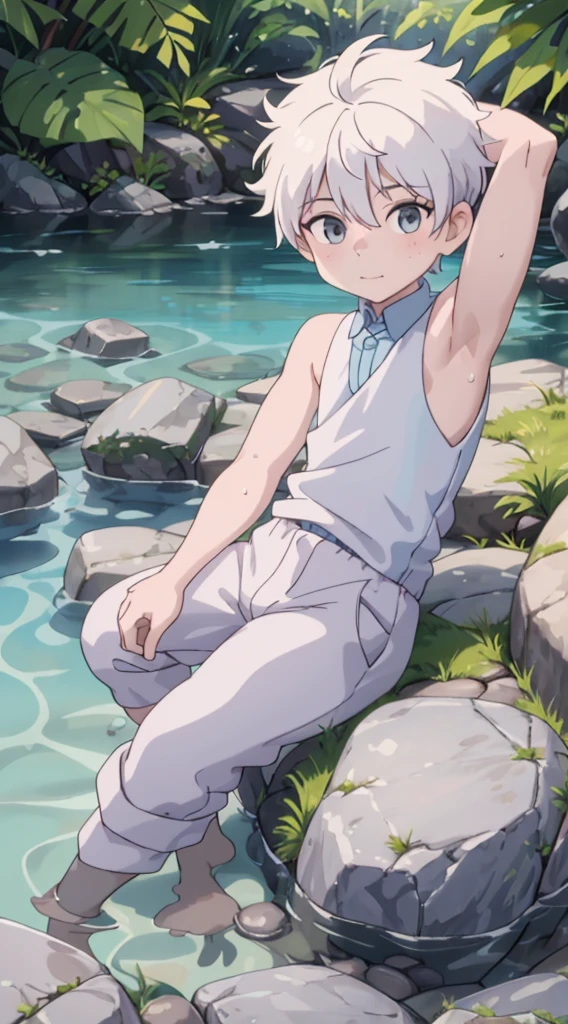 10-year-old boy，(showing armpit:1.3),  white hair, grey eyes summer prince clothes, sitting in water，Stones and water splashed on him, vests，shorter pants，small stream，best qualtiy，8K, 4k, uhd