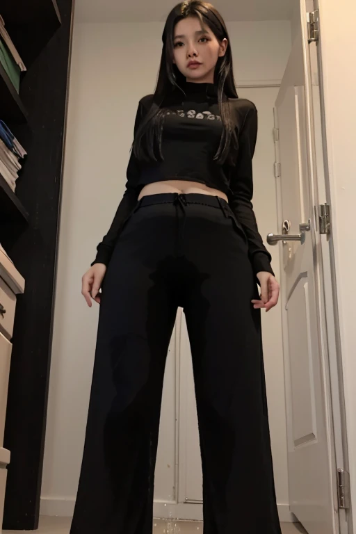 Malay Girl thin body sees the ghost and pees her black palazzo pants until her pants are wet in fright.
