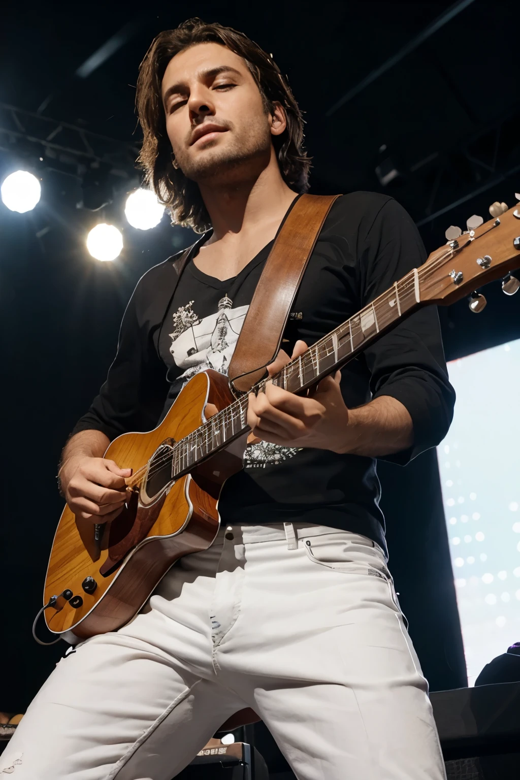 homem solando na guitarra em cima de um palco em um show lotado