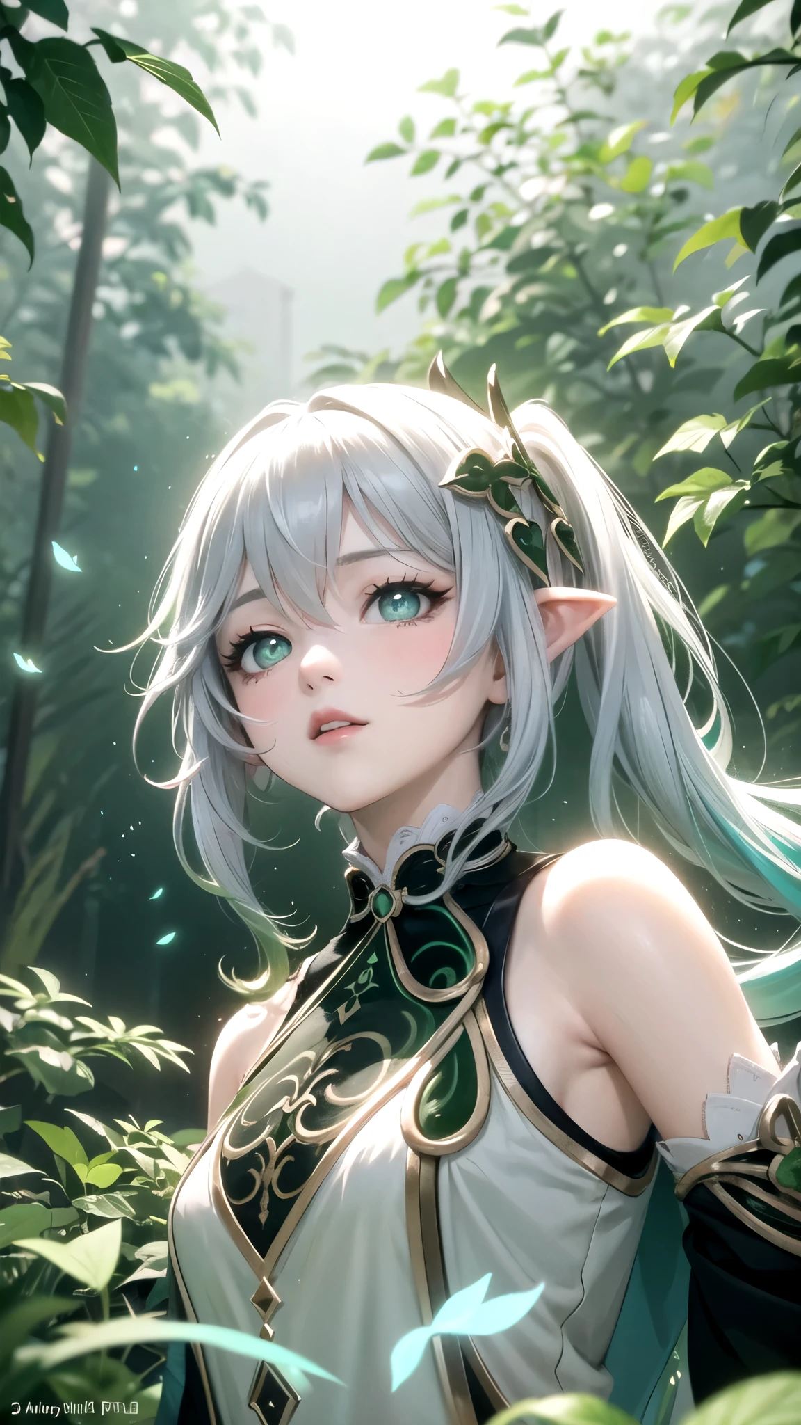 (High Detail:1.2) Anime Girl, (Cinematic Lighting, Delicate Colors), (Falling Leaves:1.2), Lighting Calm, Wind, Fog. Turquoise, delta tones.