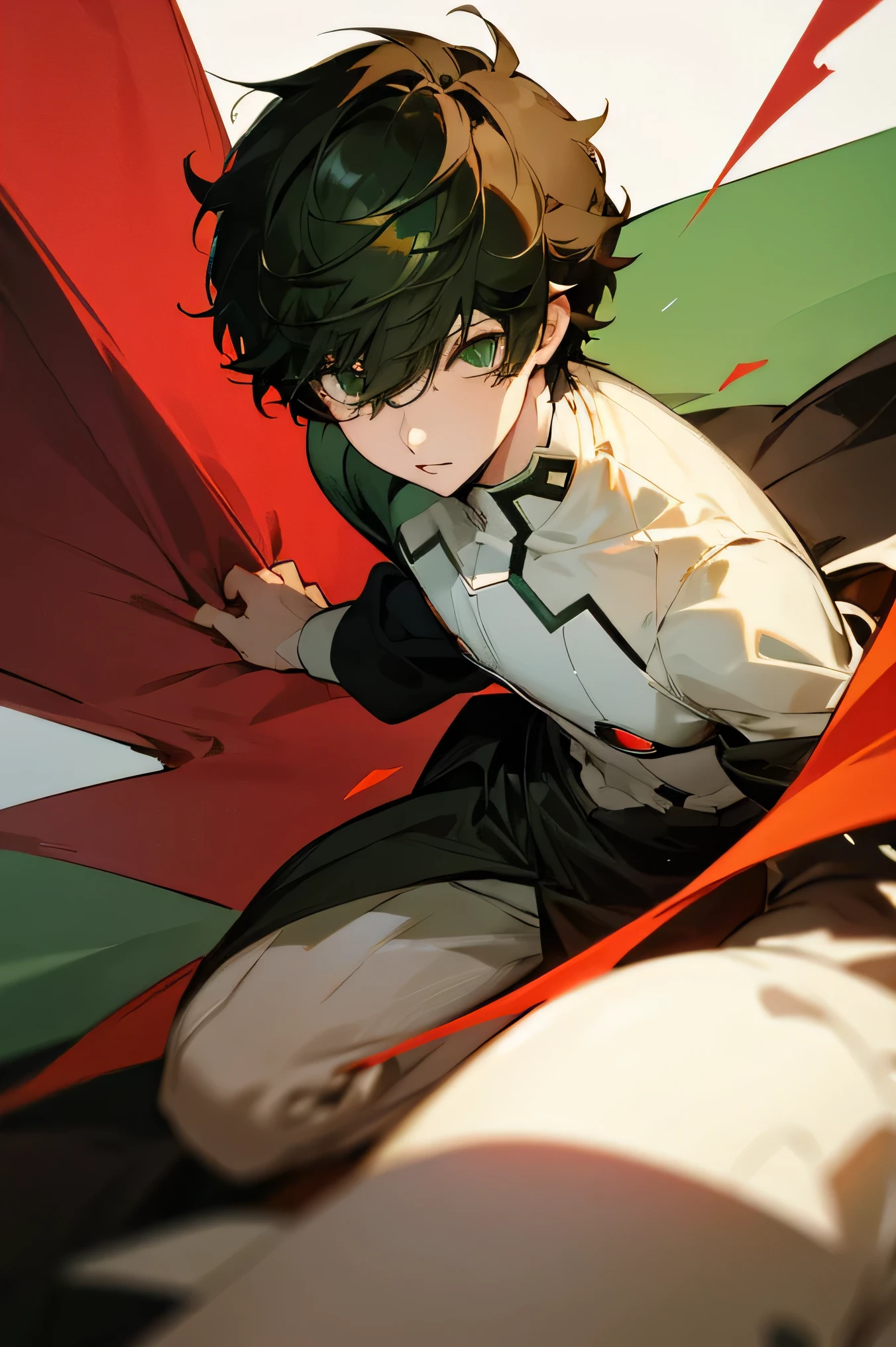 anime boy. brown straight short boy hair. straight bangs. light green eyes. eyes are ombré. half green half red. red at bottom of eyes.