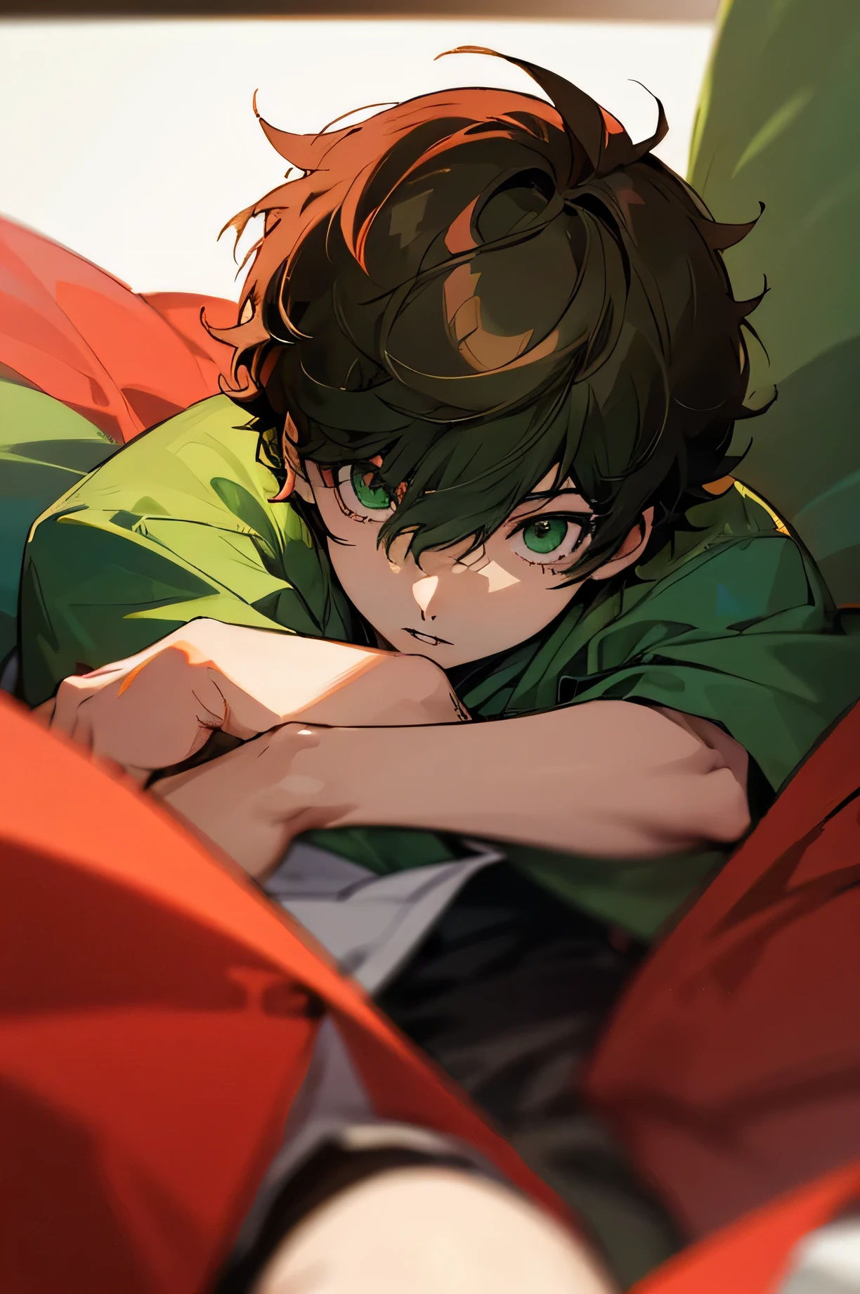 anime boy. brown straight short boy hair. straight bangs. light green eyes. eyes are ombré. half green half red. red at bottom of eyes.