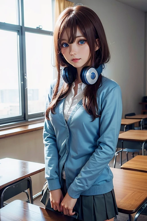 mikunakano, miku nakano, long hair, bangs, blue eyes, brown hair, shirt, hair between eyes, headphones, cardigan, headphones around neck,
BREAK skirt, shirt, long sleeves, white shirt, pantyhose, pleated skirt, black pantyhose, cardigan, green skirt, blue cardigan,
BREAK indoors, classroom,
BREAK looking at viewer, BREAK (masterpiece:1.2), best quality, high resolution, unity 8k wallpaper, (illustration:0.8), (beautiful detailed eyes:1.6), extremely detailed face, perfect lighting, extremely detailed CG, (perfect hands, perfect anatomy),