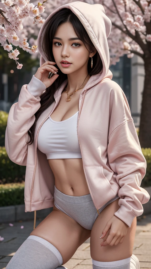 (8k, best quality, masterpiece, ultra highres:1.2), 1 girl, (red oversized hoodie), (oversized_hoodie:1.1),  hotsquat, beautiful 22 year old woman named Yuri  posing for full body photoshoot, grey thigh high socks, white nike kick shoes, grey hair, Smooth Lob, smokey eyeliner, cream lipstick, lip balm, medallion earrings, gold necklace, cherry blossoms, evening, intricately detailed face and eyes, cute face, blush, glistening sweaty skin, dynamic pose, masterpiece, best quality, official art, extremely detailed CG unity 8k wallpaper, ultra high res, professional photography, sharp focus, HDR, 8K resolution, intricate detail, sophisticated detail, depth of field, analogue RAW DSLR, photorealistic