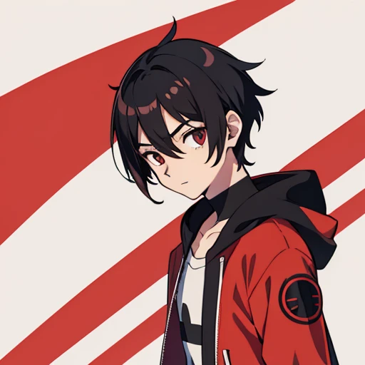 
2D character, anime, 1boy, short black hair and each end of the hair is red, wearing cool clothes, with a cool pose,