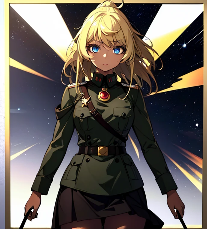 (Masterpiece, Best quality, ultra high resolution),1girl, dark brown skin, blonde hair, large breasts, thick thighs, black military uniform and black military skirt, beautiful and detailed face, detailed eyes, detailed nose, the stars in the background