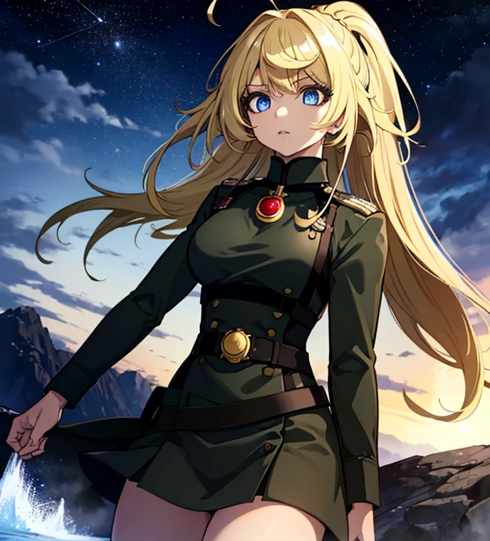 (Masterpiece, Best quality, ultra high resolution),1girl, dark brown skin, blonde hair, large breasts, thick thighs, black military uniform and black military skirt, beautiful and detailed face, detailed eyes, detailed nose, the stars in the background