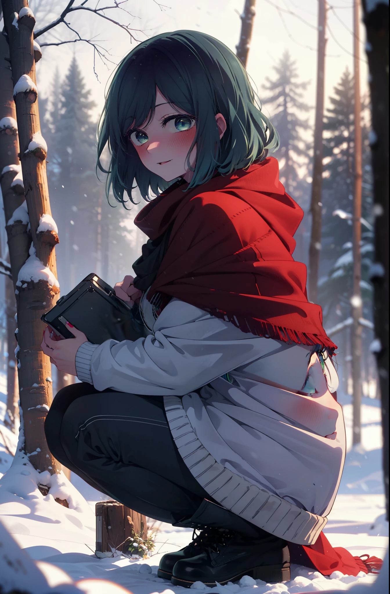 akanekurokawa, akane kurokawa, bangs, (Green Eyes:1.3), Blue Hair, Medium Hair, dark Blue Hair,smile,blush,White Breath,
Open your mouth,snow,Ground bonfire, Outdoor, boots, snowing, From the side, wood, suitcase, Cape, Blurred, , forest, White handbag, nature,  Squat, Mouth closed, Cape, winter, Written boundary depth, Black shoes, red Cape break looking at viewer, Upper Body, whole body, break Outdoor, forest, nature, break (masterpiece:1.2), highest quality, High resolution, unity 8k wallpaper, (shape:0.8), (Beautiful and beautiful eyes:1.6), Highly detailed face, Perfect lighting, Extremely detailed CG, (Perfect hands, Perfect Anatomy),