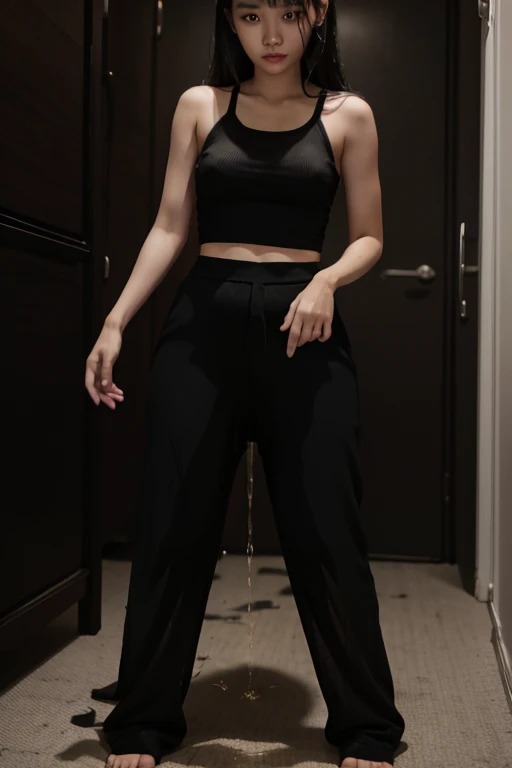 Malay Girl thin body sees the ghost and pees her black palazzo pants until her pants are wet in fright.
