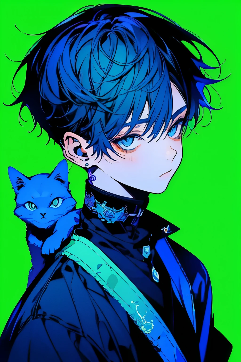 A beautiful 18-year-old boy and  cat with Blue hair, looking at the viewer, Extremely beautiful face, rich details, waist shot, portrait, upper body of the character, flat illustration, minimalism, made in adobe illustrator, by Aka Outwork style, solid green background without impurities
