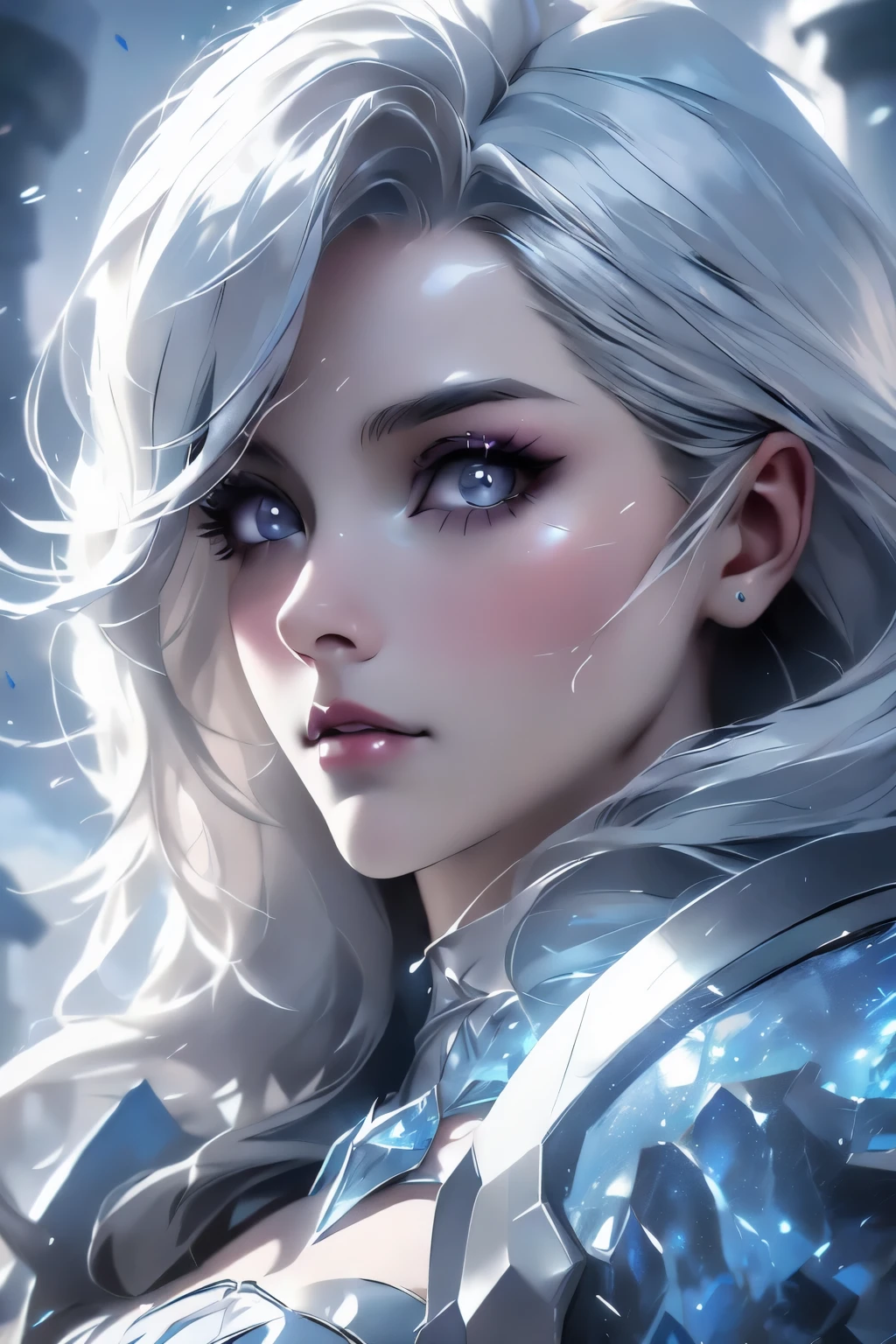 ((high quality:1.2, masterpiece:1.2)), 1girl, beautiful face, white hair, grey eyes, dynamic pose, (death knight, fantasy), (face shot, upper body), fantasy, (noon, ice castle background:1.2), majestic clouds, absurdres, high details, detailed and intricate, best lighting, sharp focus, realistic lighting