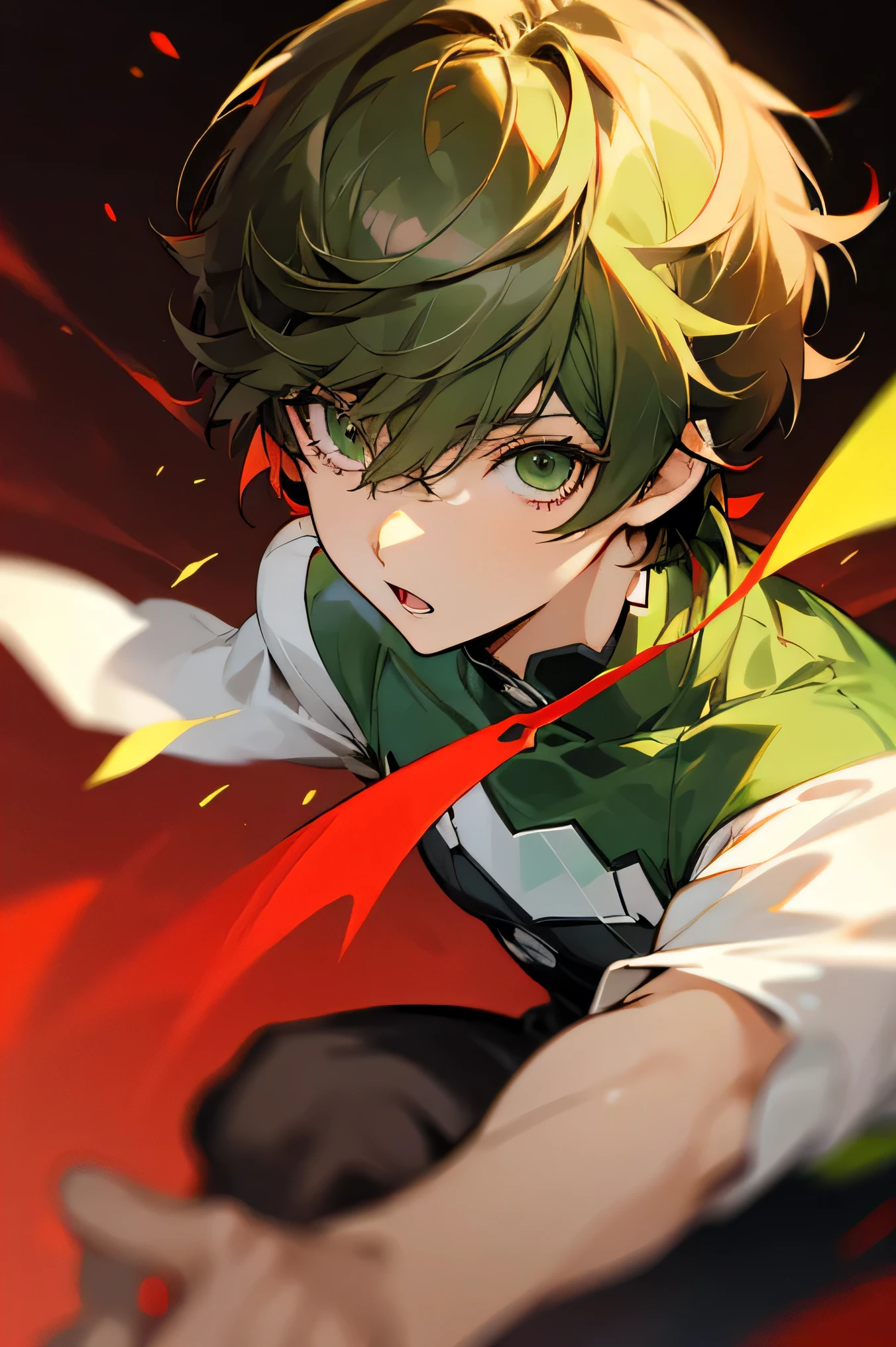 anime boy. brown straight short boy hair. straight bangs. light green eyes. eyes are ombré. half green half red. red at bottom of eyes.
