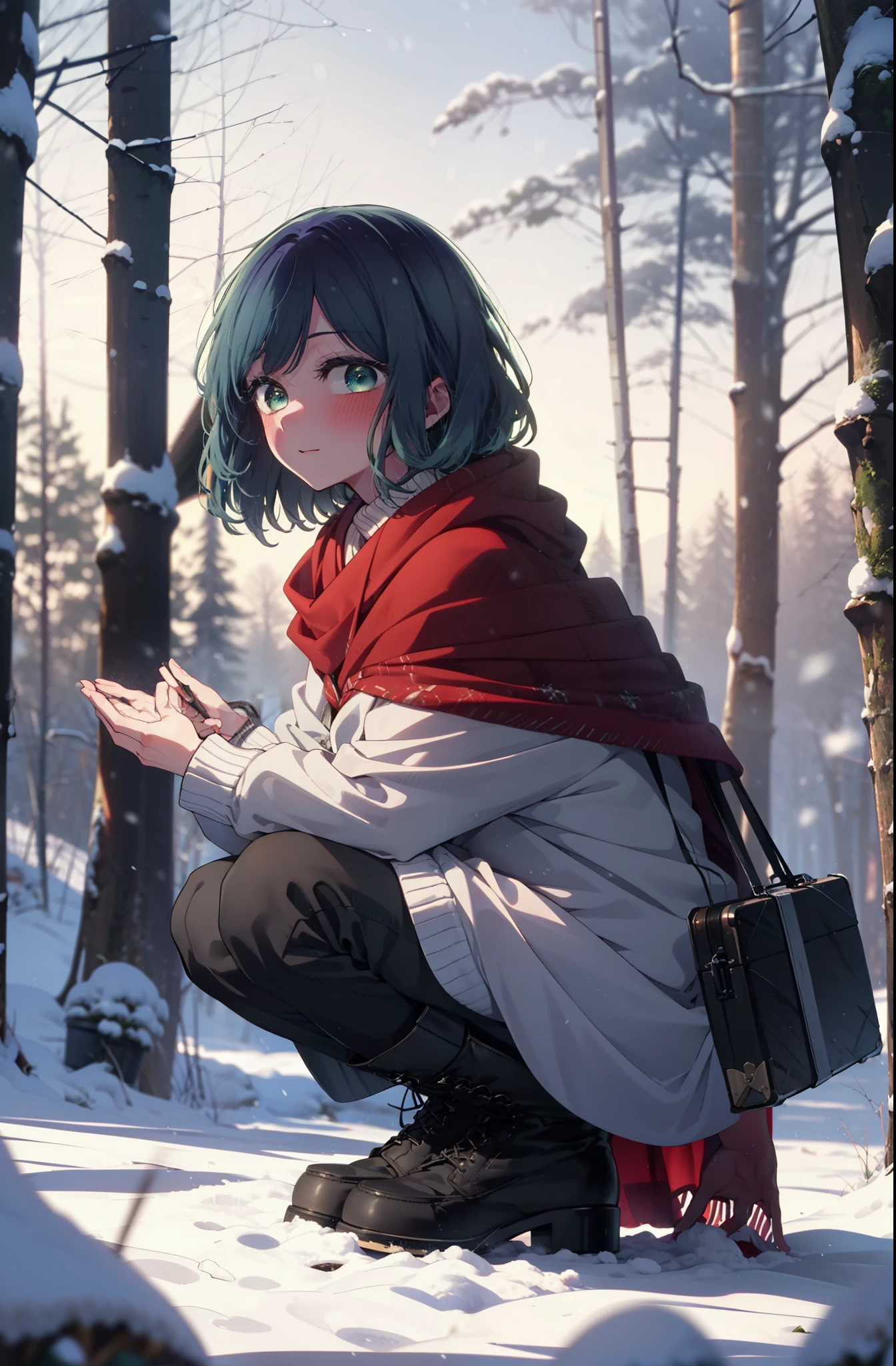 akanekurokawa, akane kurokawa, bangs, (Green Eyes:1.3), Blue Hair, Medium Hair, dark Blue Hair,smile,blush,White Breath,
Open your mouth,snow,Ground bonfire, Outdoor, boots, snowing, From the side, wood, suitcase, Cape, Blurred, , forest, White handbag, nature,  Squat, Mouth closed, Cape, winter, Written boundary depth, Black shoes, red Cape break looking at viewer, Upper Body, whole body, break Outdoor, forest, nature, break (masterpiece:1.2), highest quality, High resolution, unity 8k wallpaper, (shape:0.8), (Beautiful and beautiful eyes:1.6), Highly detailed face, Perfect lighting, Extremely detailed CG, (Perfect hands, Perfect Anatomy),