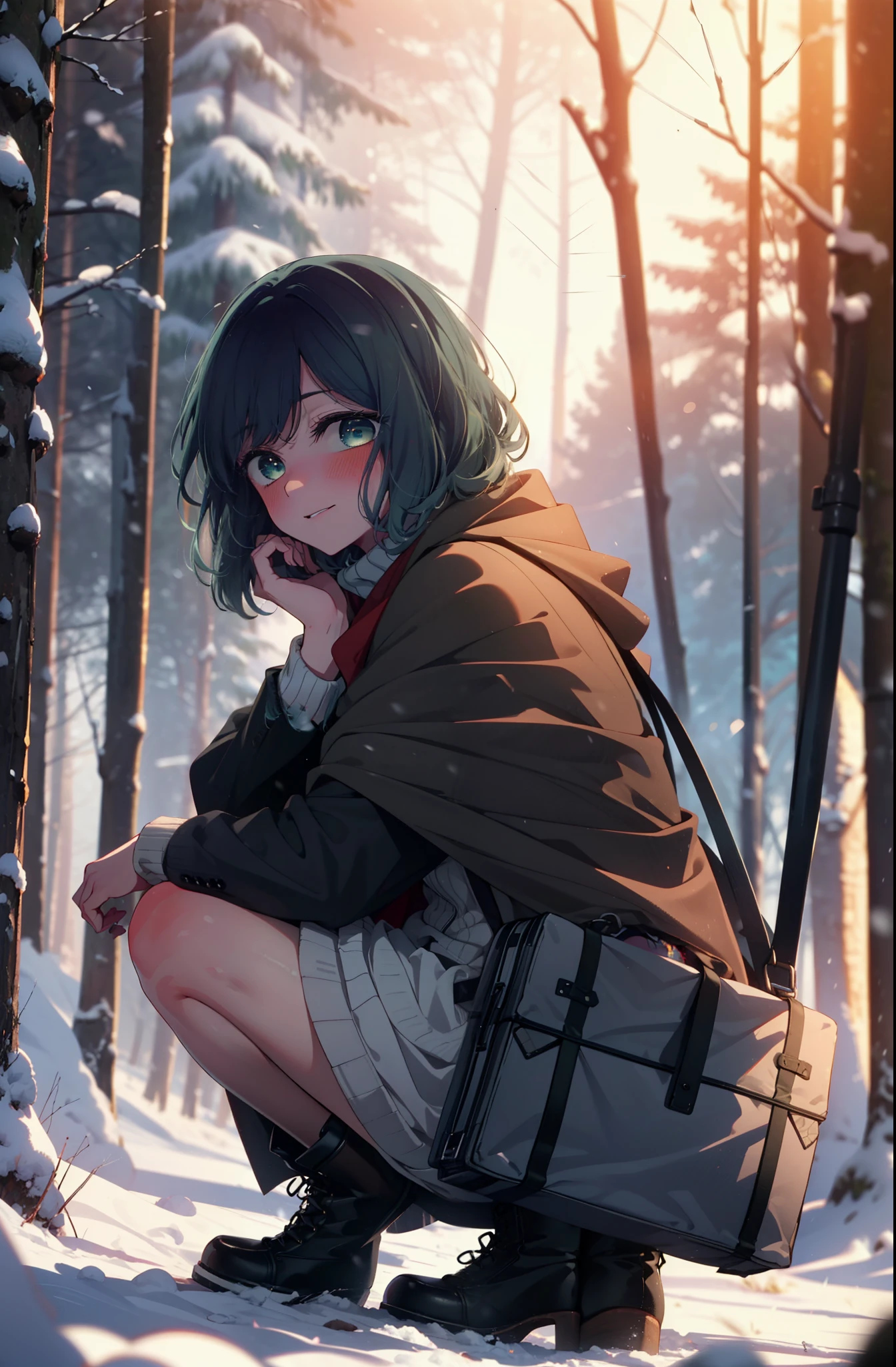 akanekurokawa, akane kurokawa, bangs, (Green Eyes:1.3), Blue Hair, Medium Hair, dark Blue Hair,smile,blush,White Breath,
Open your mouth,snow,Ground bonfire, Outdoor, boots, snowing, From the side, wood, suitcase, Cape, Blurred, , forest, White handbag, nature,  Squat, Mouth closed, Cape, winter, Written boundary depth, Black shoes, red Cape break looking at viewer, Upper Body, whole body, break Outdoor, forest, nature, break (masterpiece:1.2), highest quality, High resolution, unity 8k wallpaper, (shape:0.8), (Beautiful and beautiful eyes:1.6), Highly detailed face, Perfect lighting, Extremely detailed CG, (Perfect hands, Perfect Anatomy),