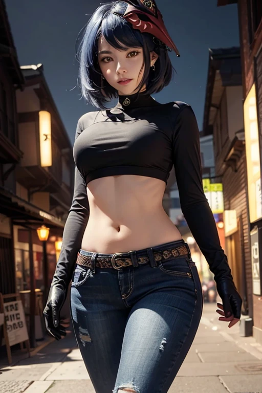 1girl, (long sleeved black top, long jeans, iron belt, big earrings, boots), ((midriff, navel)), boulevard, night, looking at viewer, walking, smile, (cinematic lighting, best quality, masterpiece, high details, best quality, highres, HD, 4K, 8k, super detail), (kujou sara:1.3), mask on head, blue hair, short hair, yellow eyes, gloves