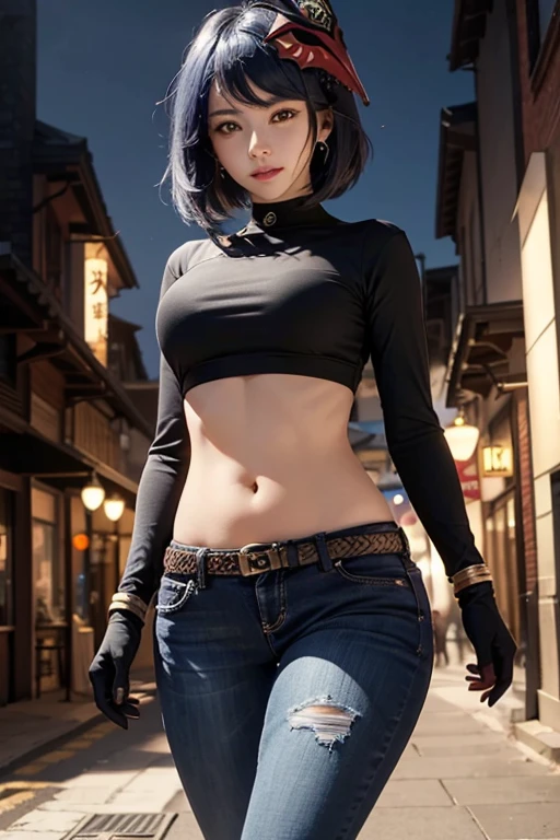 1girl, (long sleeved black top, long jeans, iron belt, big earrings, boots), ((midriff, navel)), boulevard, night, looking at viewer, walking, smile, (cinematic lighting, best quality, masterpiece, high details, best quality, highres, HD, 4K, 8k, super detail), (kujou sara:1.3), mask on head, blue hair, short hair, yellow eyes, gloves