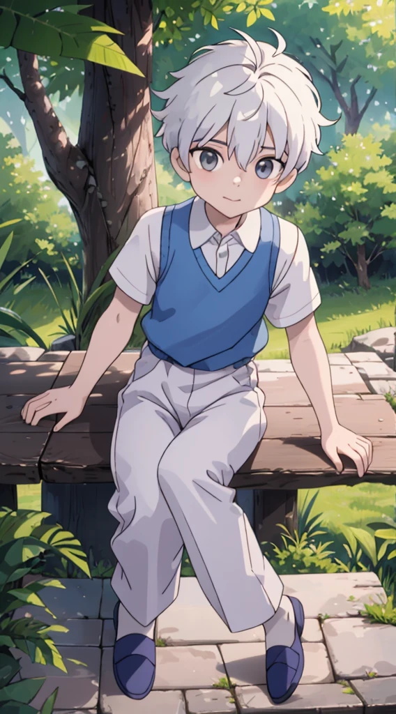 10-year-old boy，(sitting with crossed legs), (tilted head), white hair, grey eyes summer prince clothes, sitting in a tree，partially in the shade, vests，shorter pants，best qualtiy，8K, 4k, uhd