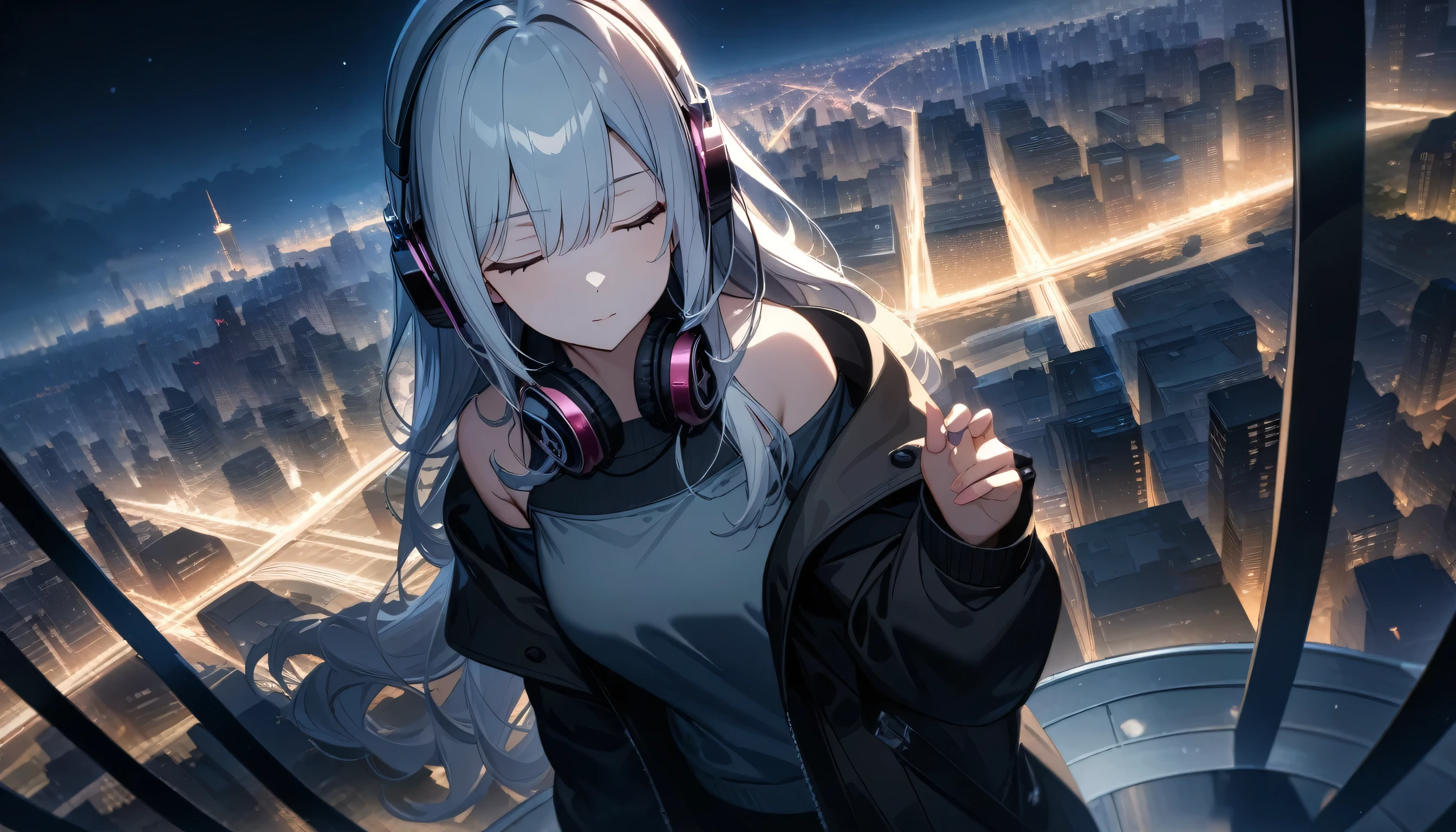 a beautiful young woman with long silver hair wearing a coat, headphones, and off-the-shoulder top, eyes closed, standing in a night city landscape, high angle, best quality, 8k, extremely detailed cg, masterpiece, high resolution, ultra-detailed