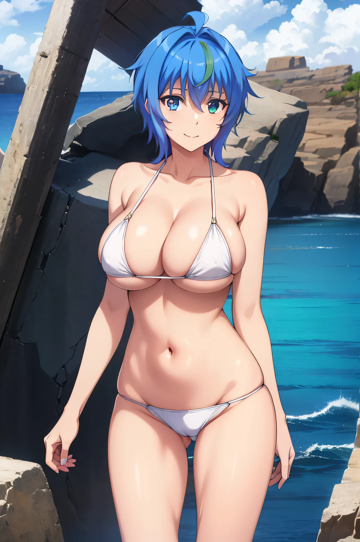 best quality, masterpiece, detailed,
XenoviaQuarta,
1girl, closed mouth, smile,
(multicolored hair, blue hair, green hair:1.2), short hair, ahoge, brown eyes,
(big breasts:1.2), BREAK (cowboy shot:1.5), BREAK (masterpiece:1.2), best quality, high resolution, unity 8k wallpaper, (illustration:0.8), (beautiful detailed eyes:1.6), extremely detailed face, perfect lighting, extremely detailed CG, (perfect hands, perfect anatomy), RAW photo, (high detailed skin:1.2), 8k uhd, dslr, high quality, ((blue eye)) , bare shoulders, masterpiece, HDR, UHD, 4K, ocean, island, outdoors, bright sky, sunny, clear sky, in water, wet, white bikini, small bikini, string bikini, two piece bikini, thong panties, huge breasts, big breasts, white thong, cleavage, slim waist, slim stomach, slim, underboob, sideboob, nice thighs, nice ass, big ass, cameltoe, full body frame,