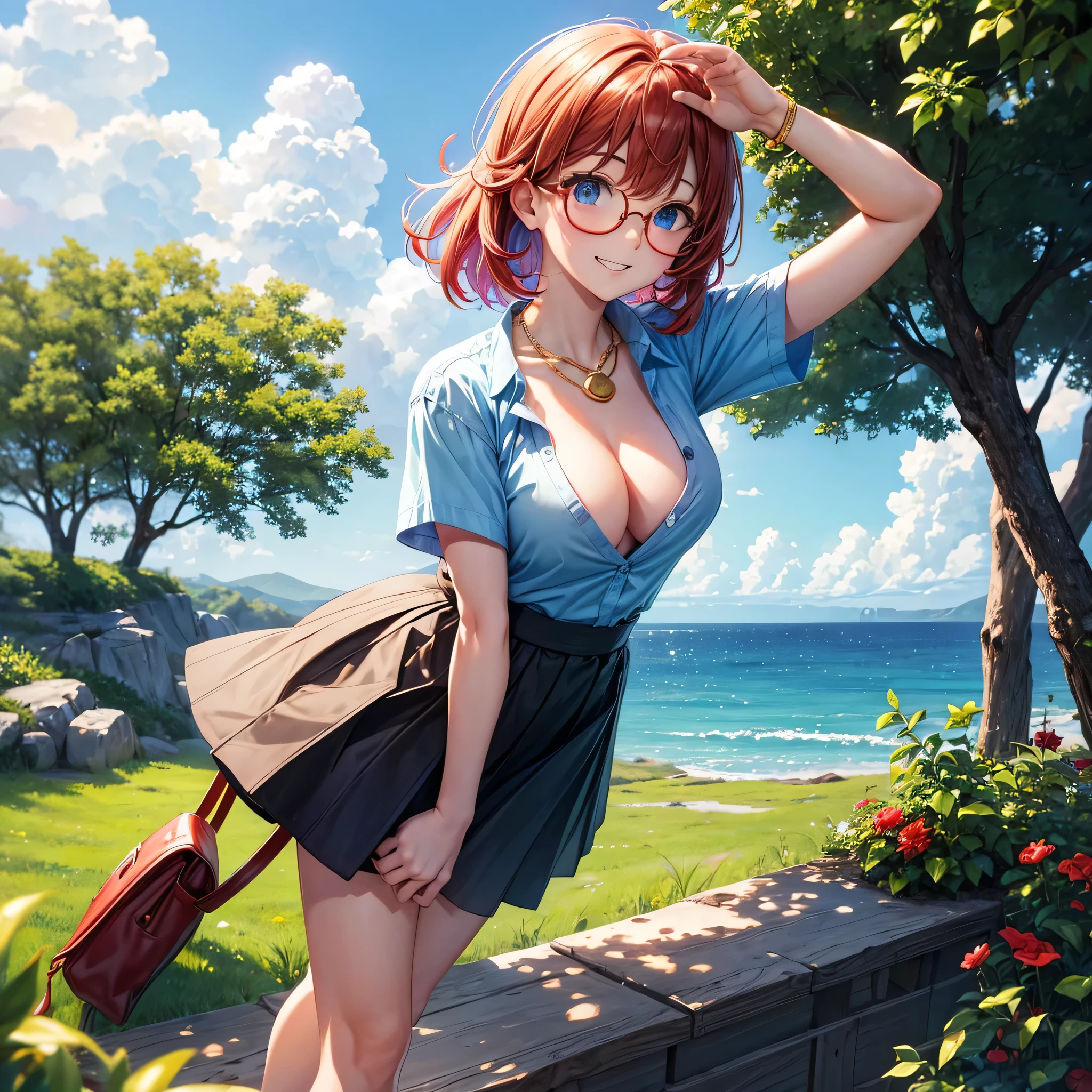 One girl, whole body, summer, village, wood, sun, cloud, ((Colorful Hair)), Big Breasts, button down, blue eyes, ((red, White and green shirt)), ((Unbuttoned shirt)), Unbutton a button, ((Short sleeve shirt)), Black mini skirt, Brown shoes, Grin, Looking at the audience, Are standing, red, White and green hair ribbon, Cleavage, ((Golden Necklace)),Round Glasses