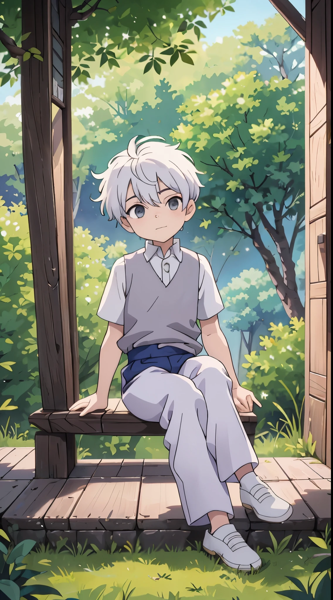 10-year-old boy，(sitting with crossed legs), (tilted head), white hair, grey eyes summer prince clothes, sitting in a tree，partially in the shade, vests，shorter pants，best qualtiy，8K, 4k, uhd