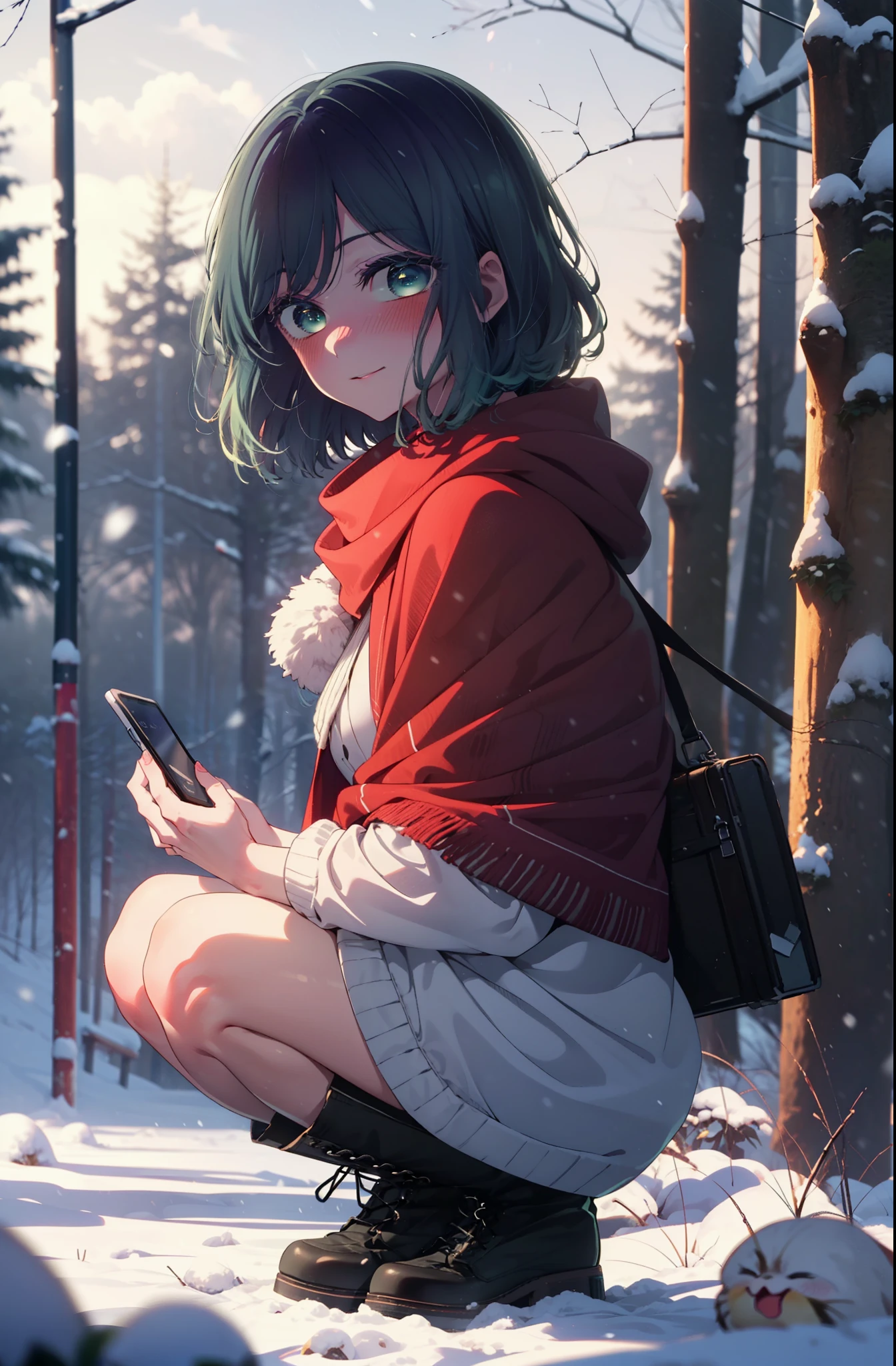 akanekurokawa, akane kurokawa, bangs, (Green Eyes:1.3), Blue Hair, Medium Hair, dark Blue Hair,smile,blush,White Breath,
Open your mouth,snow,Ground bonfire, Outdoor, boots, snowing, From the side, wood, suitcase, Cape, Blurred, , forest, White handbag, nature, Squat, Mouth closed, Cape, winter, Written boundary depth, Black shoes, red Cape break looking at viewer, Upper Body, whole body, break Outdoor, forest, nature, break (masterpiece:1.2), highest quality, High resolution, unity 8k wallpaper, (shape:0.8), (Beautiful and beautiful eyes:1.6), Highly detailed face, Perfect lighting, Extremely detailed CG, (Perfect hands, Perfect Anatomy),