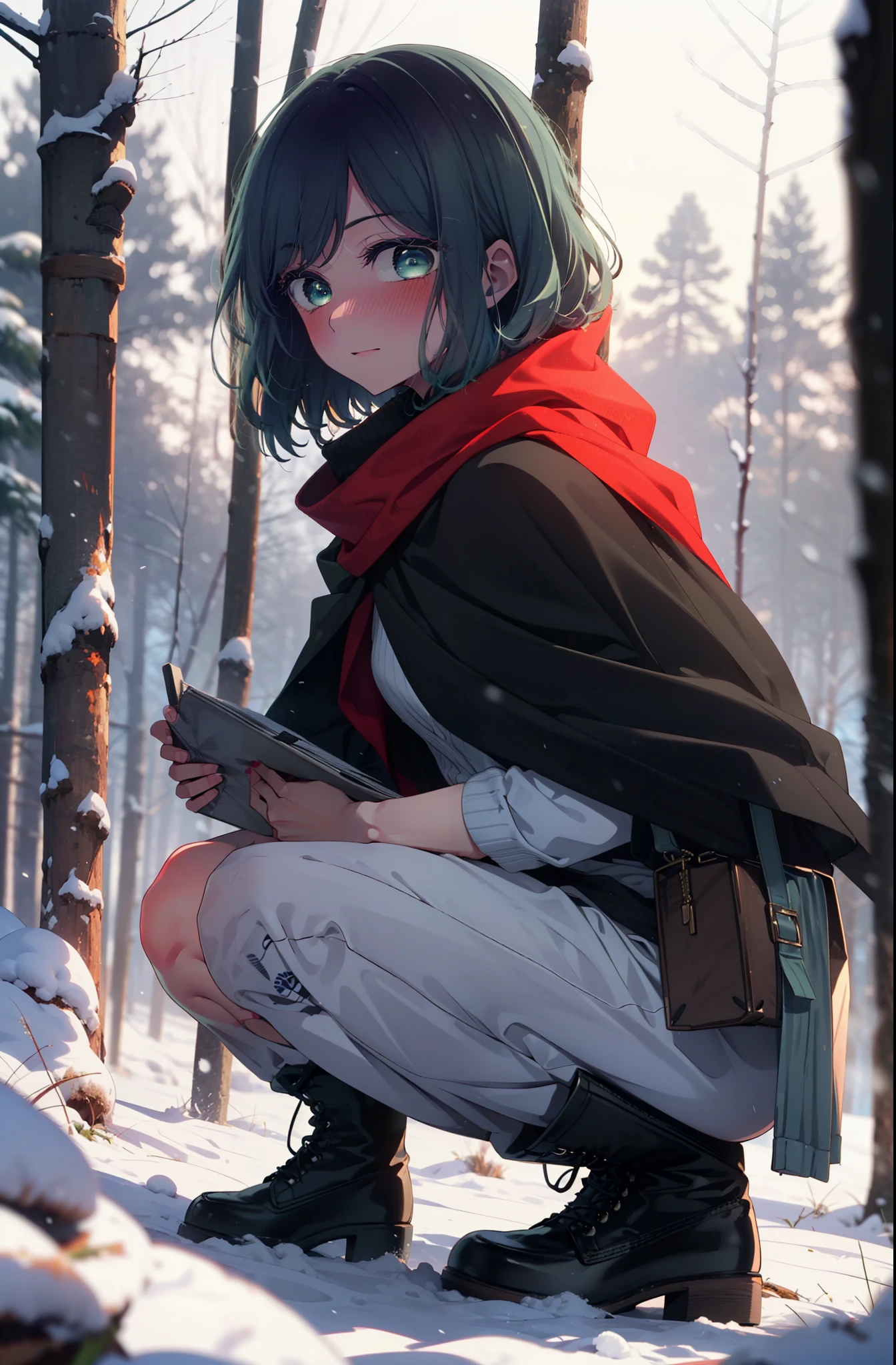 akanekurokawa, akane kurokawa, bangs, (Green Eyes:1.3), Blue Hair, Medium Hair, dark Blue Hair,smile,blush,White Breath,
Open your mouth,snow,Ground bonfire, Outdoor, boots, snowing, From the side, wood, suitcase, Cape, Blurred, , forest, White handbag, nature,  Squat, Mouth closed, Cape, winter, Written boundary depth, Black shoes, red Cape break looking at viewer, Upper Body, whole body, break Outdoor, forest, nature, break (masterpiece:1.2), highest quality, High resolution, unity 8k wallpaper, (shape:0.8), (Beautiful and beautiful eyes:1.6), Highly detailed face, Perfect lighting, Extremely detailed CG, (Perfect hands, Perfect Anatomy),