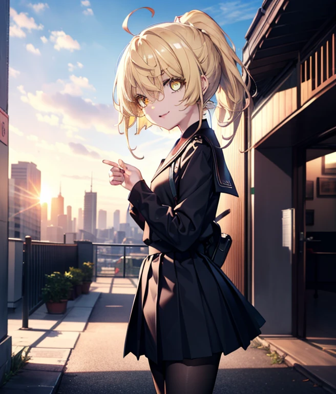 Ice Wallenstein, Wallenstein, blonde hair, hair between eyes, hair band, long hair, (yellow eyes:1.5), ponytail,short braided hair,happy smile, smile, open your mouth,black sailor suit,black pleated skirt,black pantyhose,brown loafers,evening,sunset,break looking at viewer, break outdoors,city,building street, break (masterpiece:1.2), highest quality, High resolution, unity 8k wallpaper, (shape:0.8), (fine and beautiful eyes:1.6), highly detailed face, perfect lighting, Very detailed CG, (perfect hands, perfect anatomy),